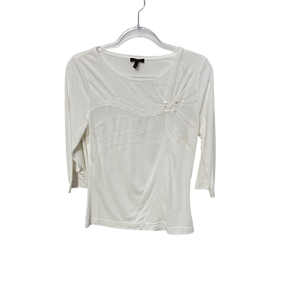Escada Sequin Embellished Top Womens 36 White 3/4 Sleeve‎ Pearl Button Luxury
